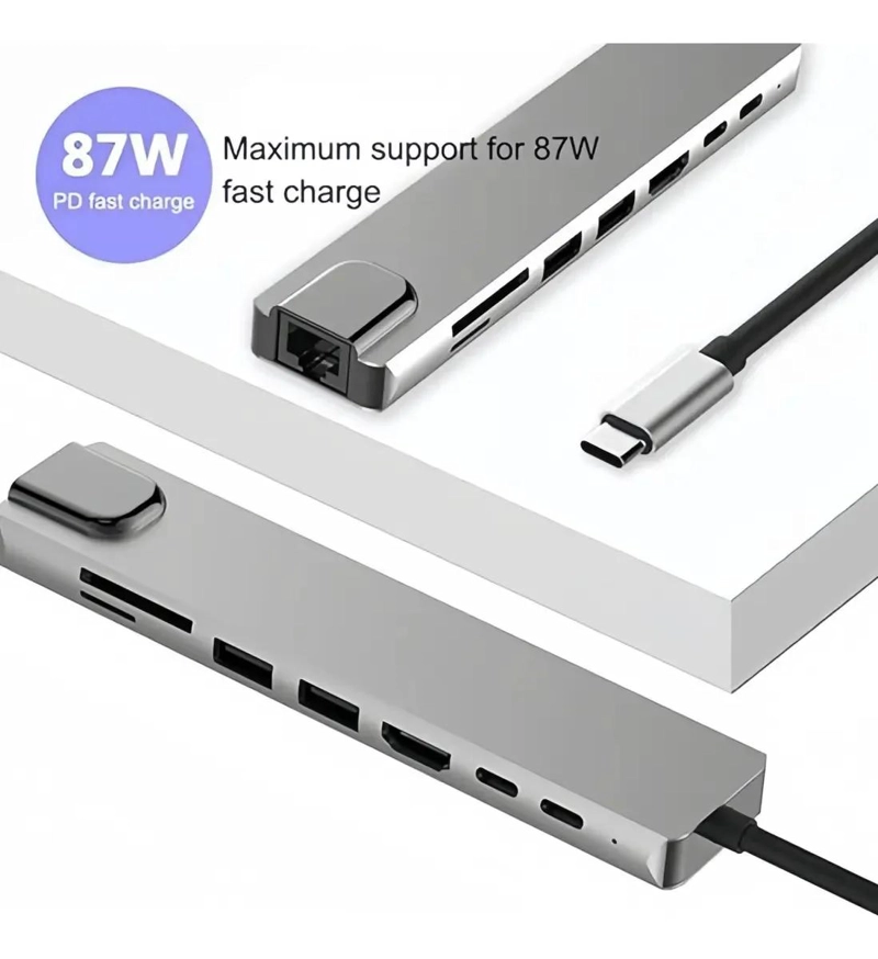 HUB ADAPTADOR USB TIPO C 8 PUERTOS PARA NOTEBOOK GRIS - 7