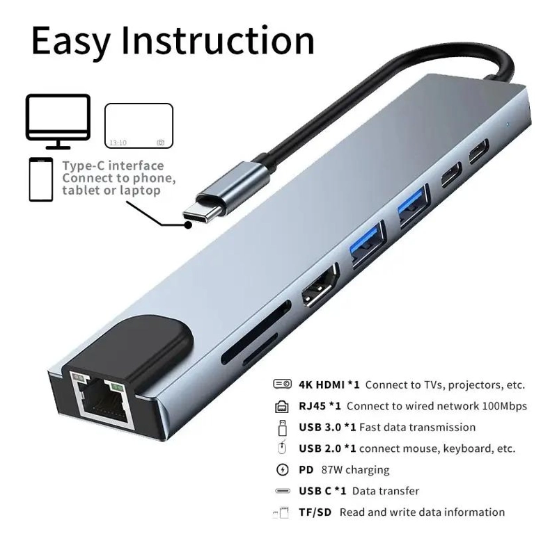 ADAPTADOR USB TIPO C 8 EN 1 PARA CONECTAR DISPOSITIVOS - 10