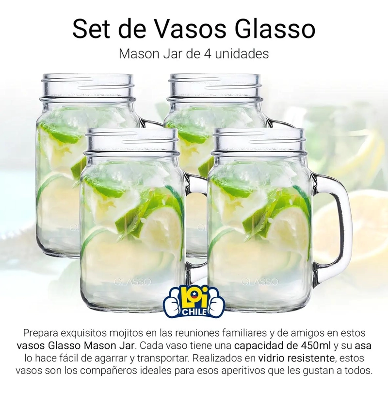 SET DE 4 VASOS MASON JAR DE VIDRIO PARA BEBIDAS - 2