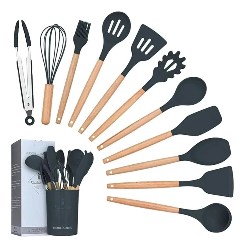 SET DE 12 UTENSILIOS DE COCINA CON MANGO DE MADERA Y SILICONA - 1