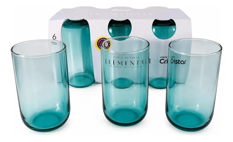 SET DE 6 VASOS DE VIDRIO ELEMENTAL CELESTE 408 ML - 1