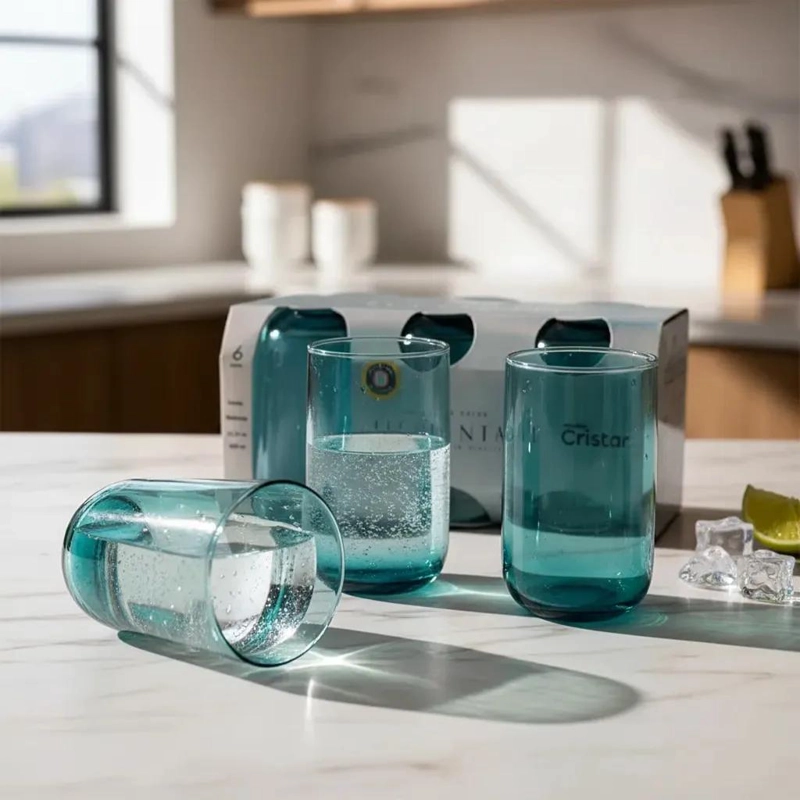 SET DE 6 VASOS DE VIDRIO ELEMENTAL CELESTE 408 ML - 2