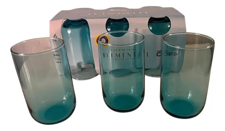 SET DE 6 VASOS DE VIDRIO ELEMENTAL CELESTE 408 ML - 6