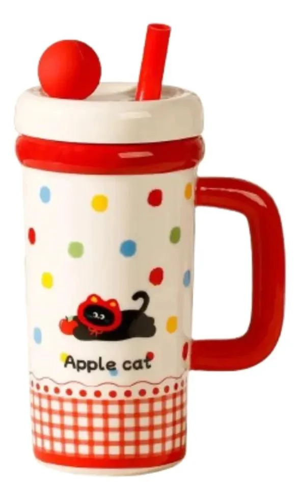 TAZA CERAMICA ROJO CON DISEÑO DE GATO Y PERRO - 1