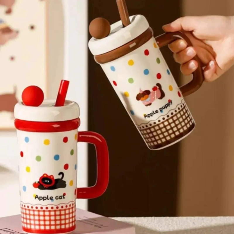 TAZA CERAMICA ROJO CON DISEÑO DE GATO Y PERRO - 4