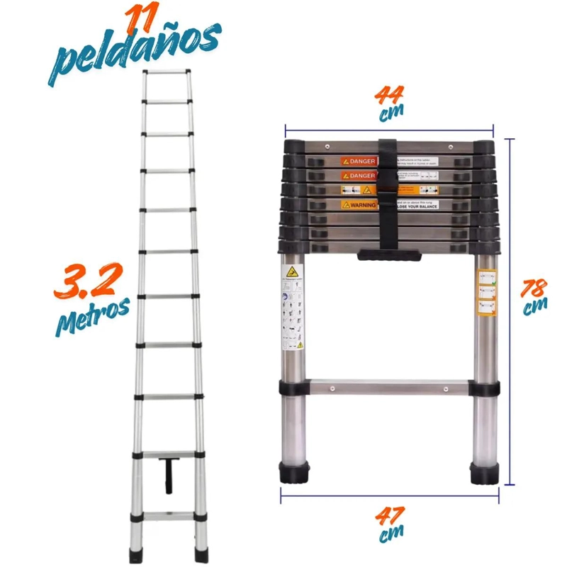 ESCALERA TELESCOPICA DE ALUMINIO 3.2 METROS 11 PELDAÑOS PLEGABLE - 4