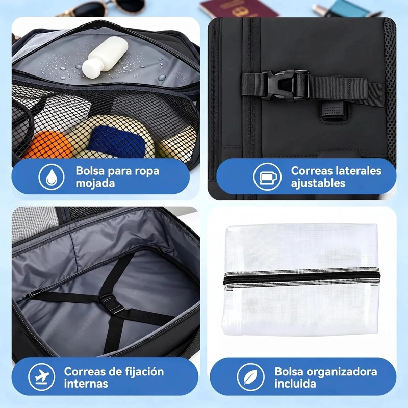 MOCHILA DE VIAJE IMPERMEABLE 35 L CON PUERTO USB Y ORGANIZADOR - 5