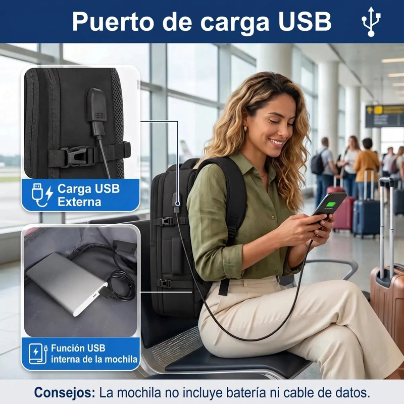 MOCHILA DE VIAJE IMPERMEABLE 35 L CON PUERTO USB Y ORGANIZADOR - 6