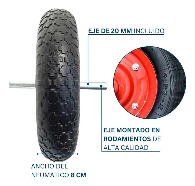 RUEDA INFLABLE PARA CARRETILLA 3.50-8 CON EJE - 4