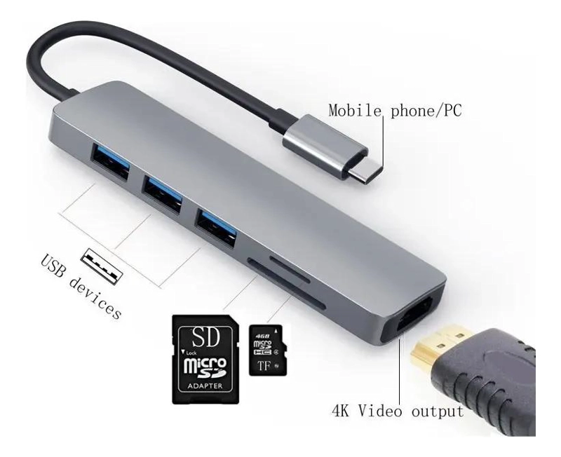 ADAPTADOR USB TIPO C A HDMI CON 3 PUERTOS USB 3.0 - 2