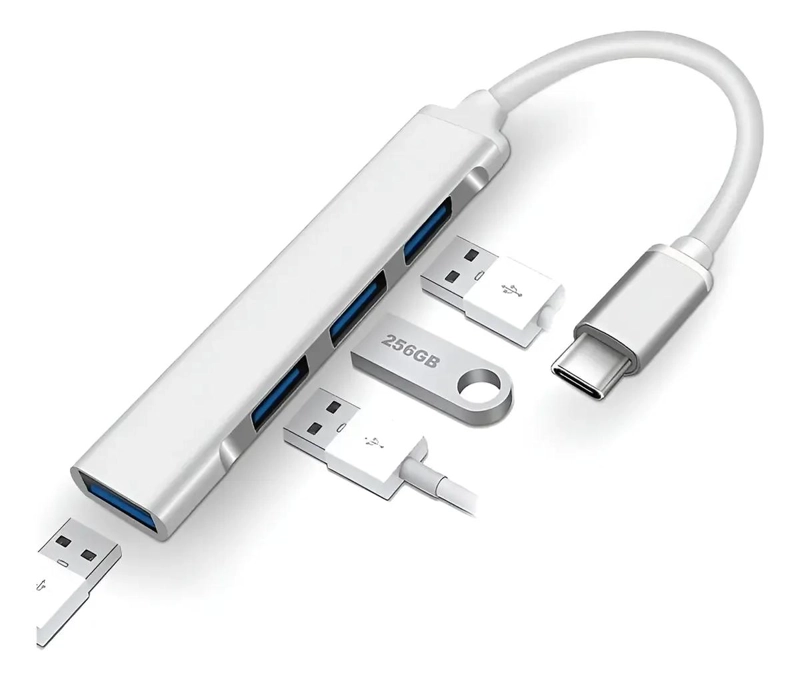ADAPTADOR USB HUB TIPO C 4 PUERTOS USB 3.0 PLATEADO - 1