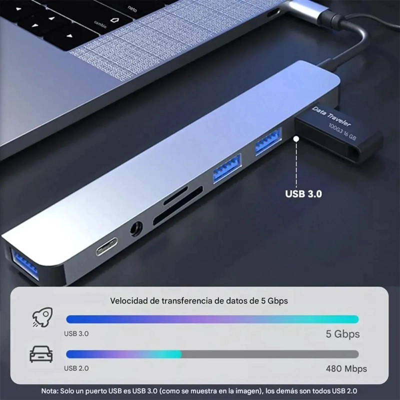 HUB 8 EN 1 USB TIPO C CON PUERTOS DE AUDIO Y SD - 5