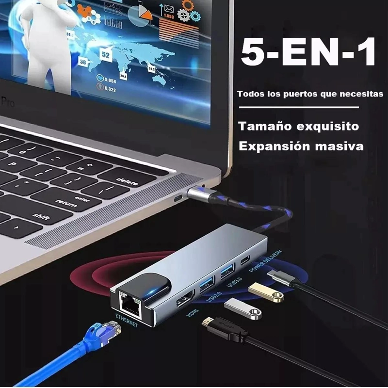 HUB ADAPTADOR USB TIPO C 5 EN 1 CON HDMI Y ETHERNET - 3