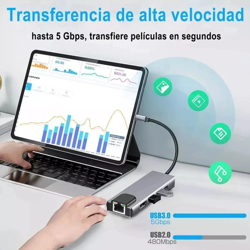 HUB ADAPTADOR USB TIPO C 5 EN 1 CON HDMI Y ETHERNET - 5
