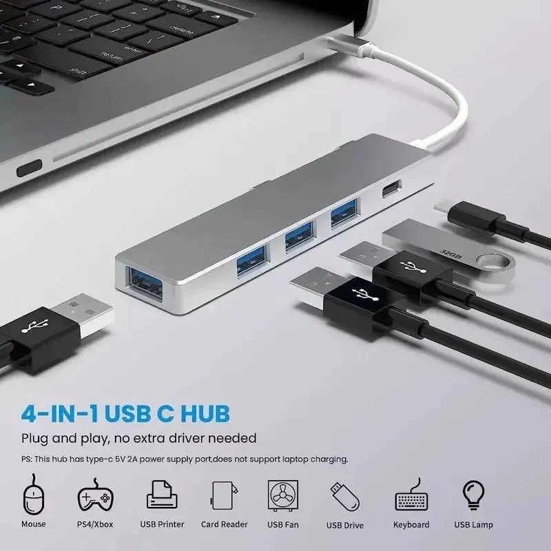 ADAPTADOR HUB USB TIPO C CON 4 PUERTOS EN COLOR PLATEADO - 3