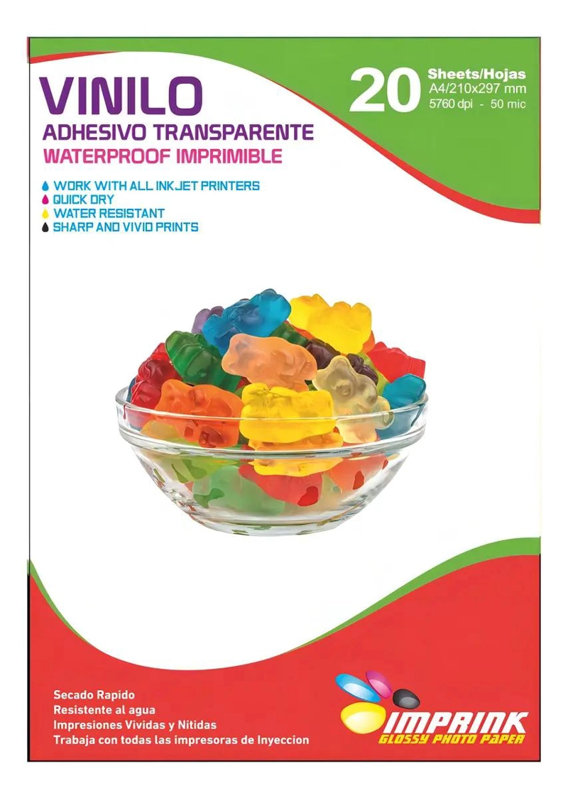 VINILO ADHESIVO TRANSPARENTE WATERPROOF A4 PARA IMPRESION - 1
