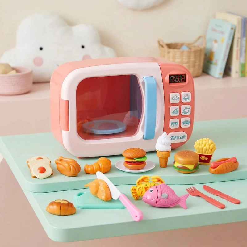 MICROONDAS INFANTIL DE MADERA CON ACCESORIOS DE COMIDA - 1