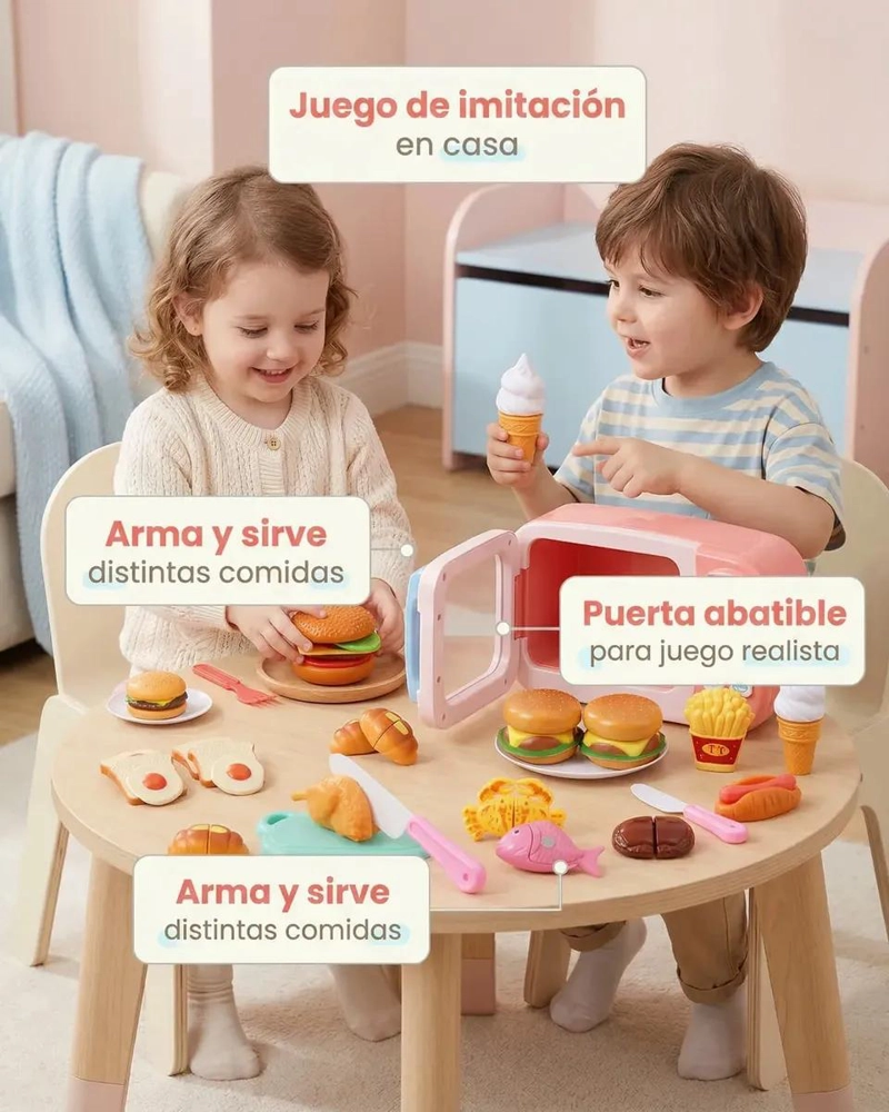 MICROONDAS INFANTIL DE MADERA CON ACCESORIOS DE COMIDA - 2