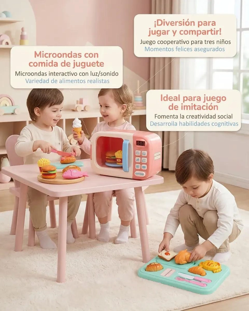 MICROONDAS INFANTIL DE MADERA CON ACCESORIOS DE COMIDA - 3
