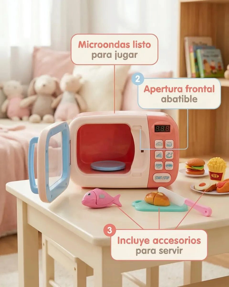 MICROONDAS INFANTIL DE MADERA CON ACCESORIOS DE COMIDA - 4