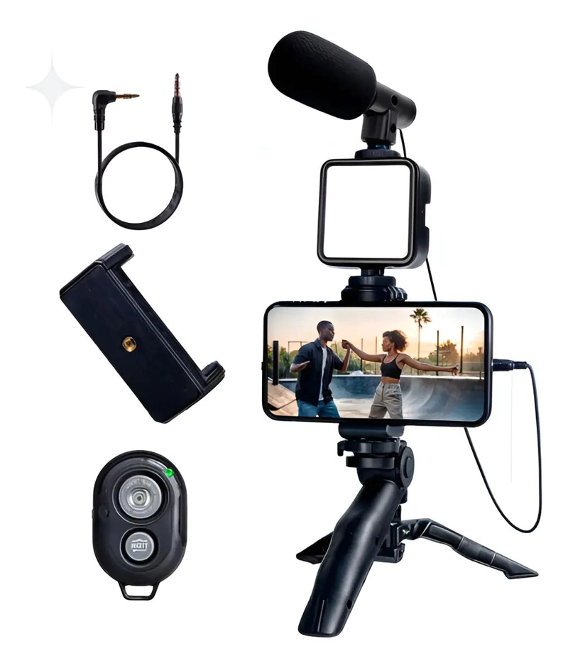 KIT DE GRABACION PROFESIONAL CON TRIPODE MICROFONO Y LUZ LED - 1