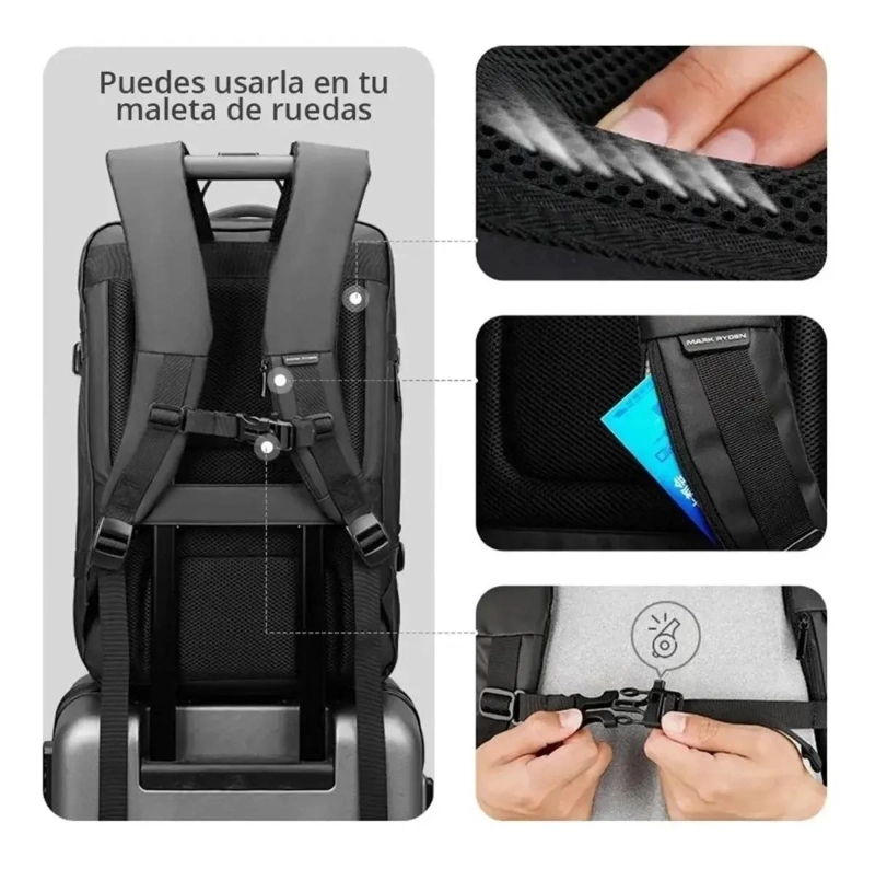 MOCHILA MALETA IMPERMEABLE ANTIRROBO EXPANDIBLE 35L USB - 6