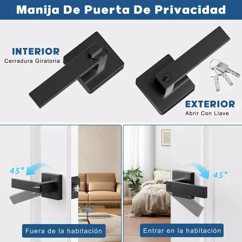 CERRADURA DE MANIJA CUADRADA NEGRA CON LLAVE Y PESTILLO AJUSTABLE - 7