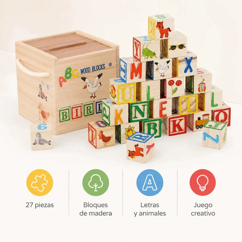 BLOQUES DE CONSTRUCCION DIDACTICOS DE MADERA PARA NIÑOS 27 PIEZAS - 2
