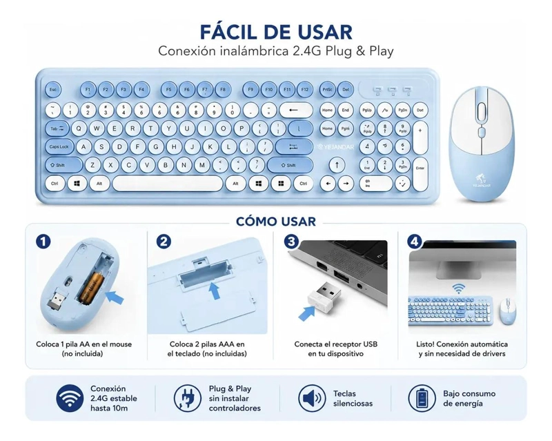 TECLADO INALAMBRICO RETRO CON MOUSE ESTILO VINTAGE AZUL - 2