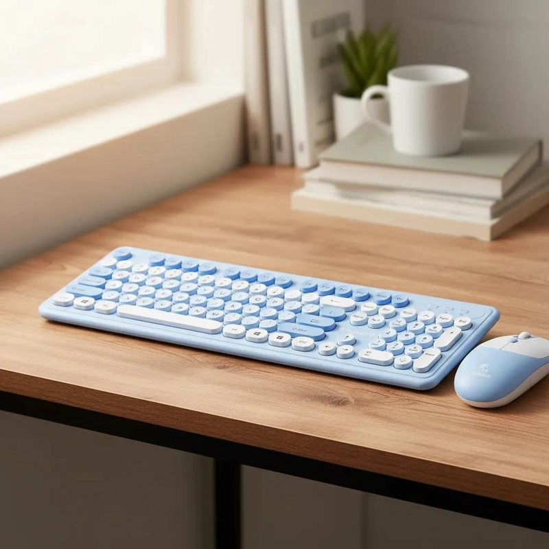 TECLADO INALAMBRICO RETRO CON MOUSE ESTILO VINTAGE AZUL - 3