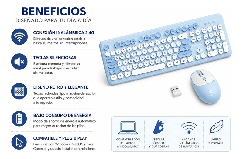 TECLADO INALAMBRICO RETRO CON MOUSE ESTILO VINTAGE AZUL - 4
