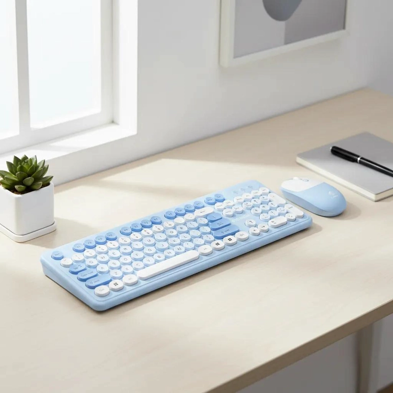 TECLADO INALAMBRICO RETRO CON MOUSE ESTILO VINTAGE AZUL - 5