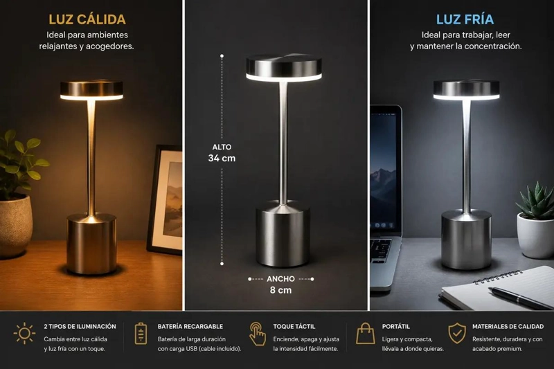 LAMPARA LED PORTATIL DE ESCRITORIO 34 CM CON LUZ CALIDA Y FRIA - 3