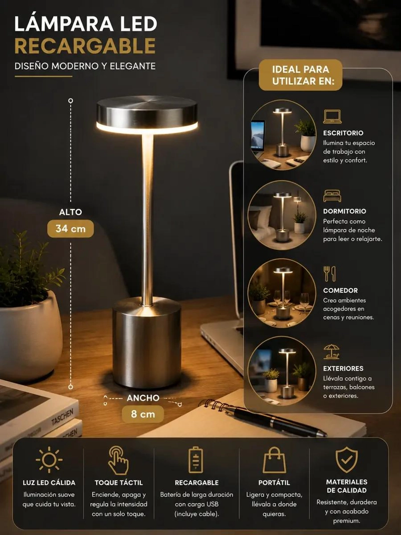 LAMPARA LED PORTATIL DE ESCRITORIO 34 CM CON LUZ CALIDA Y FRIA - 6