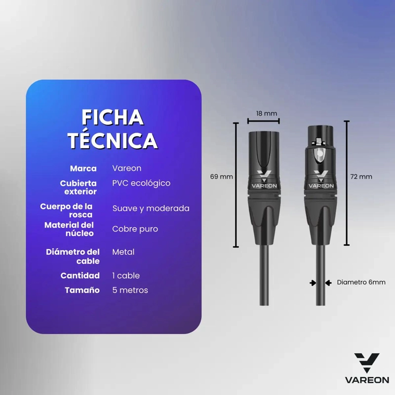 CABLE XLR DE 5 METROS PARA MICROFONO Y CONSOLA DE AUDIO - 2