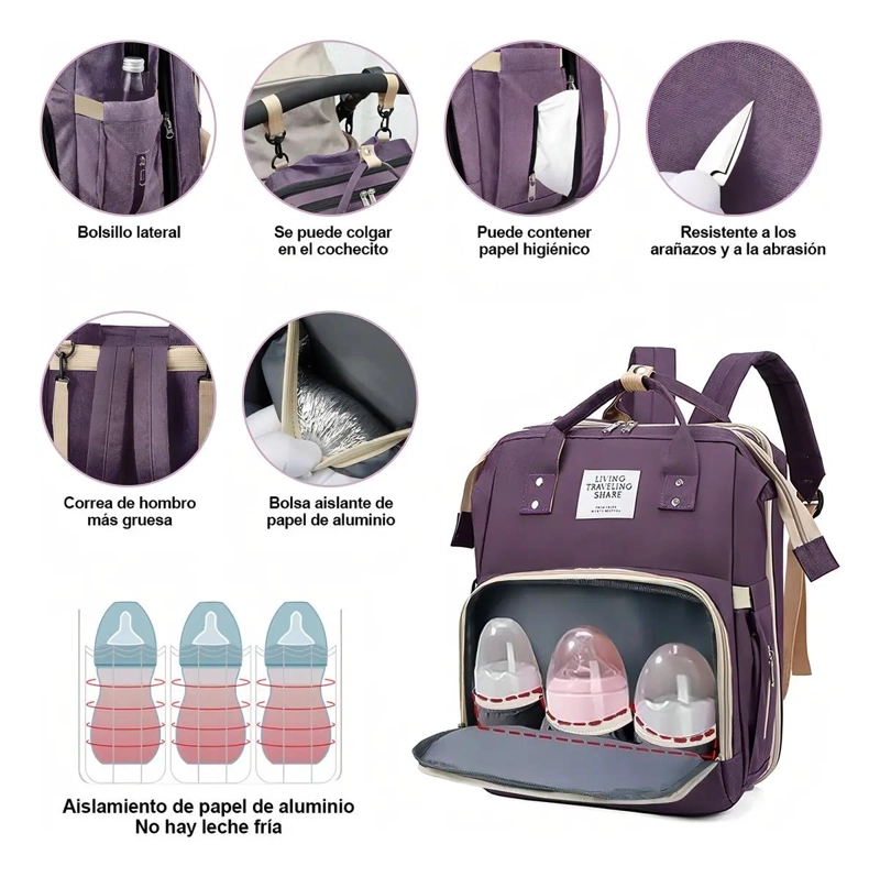 MOCHILA PANALERA MULTIFUNCIONAL IMPERMEABLE PARA BEBE S COLOR VIOLETA - 6