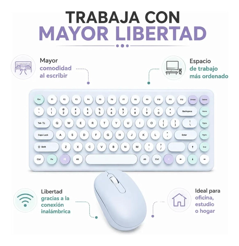 COMBO TECLADO Y MOUSE INALAMBRICOS COLORIDO PARA OFICINA - 3