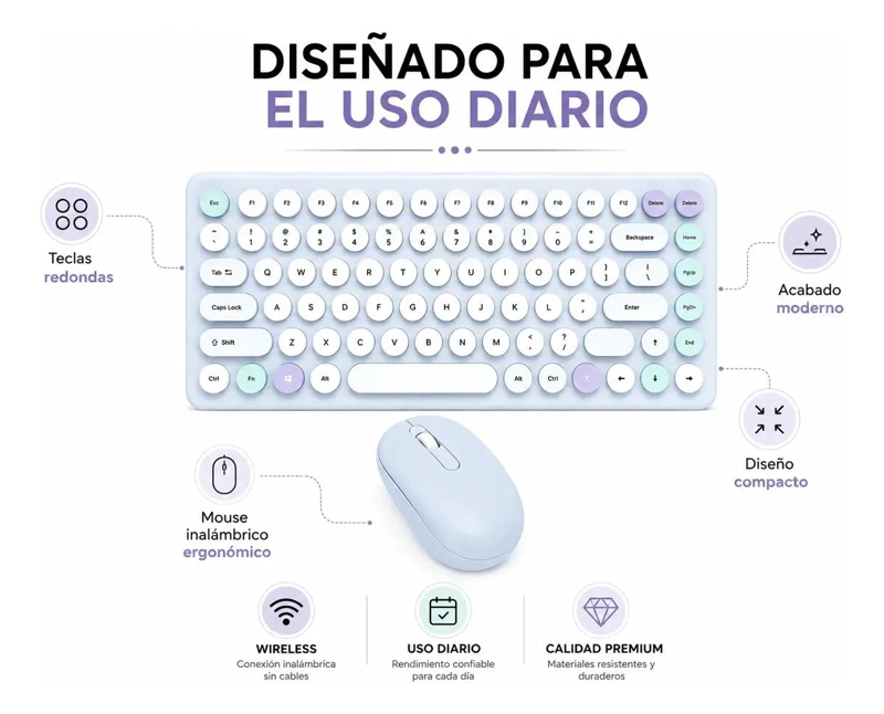COMBO TECLADO Y MOUSE INALAMBRICOS COLORIDO PARA OFICINA - 4