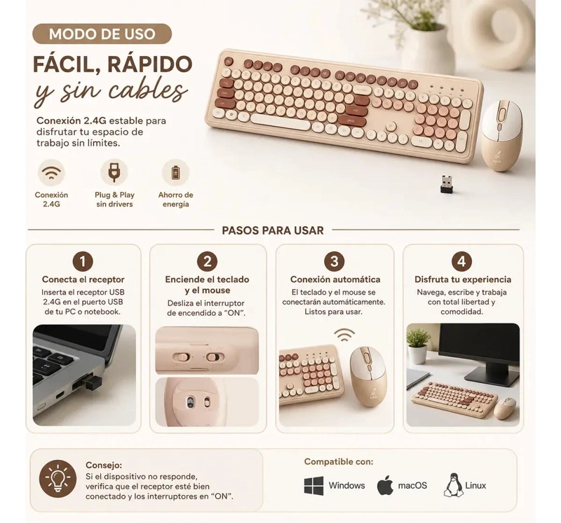 TECLADO INALAMBRICO RETRO CON MOUSE ESTILO VINTAGE COLOR MARRON - 2