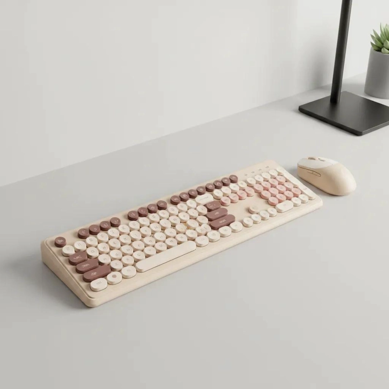 TECLADO INALAMBRICO RETRO CON MOUSE ESTILO VINTAGE COLOR MARRON - 3