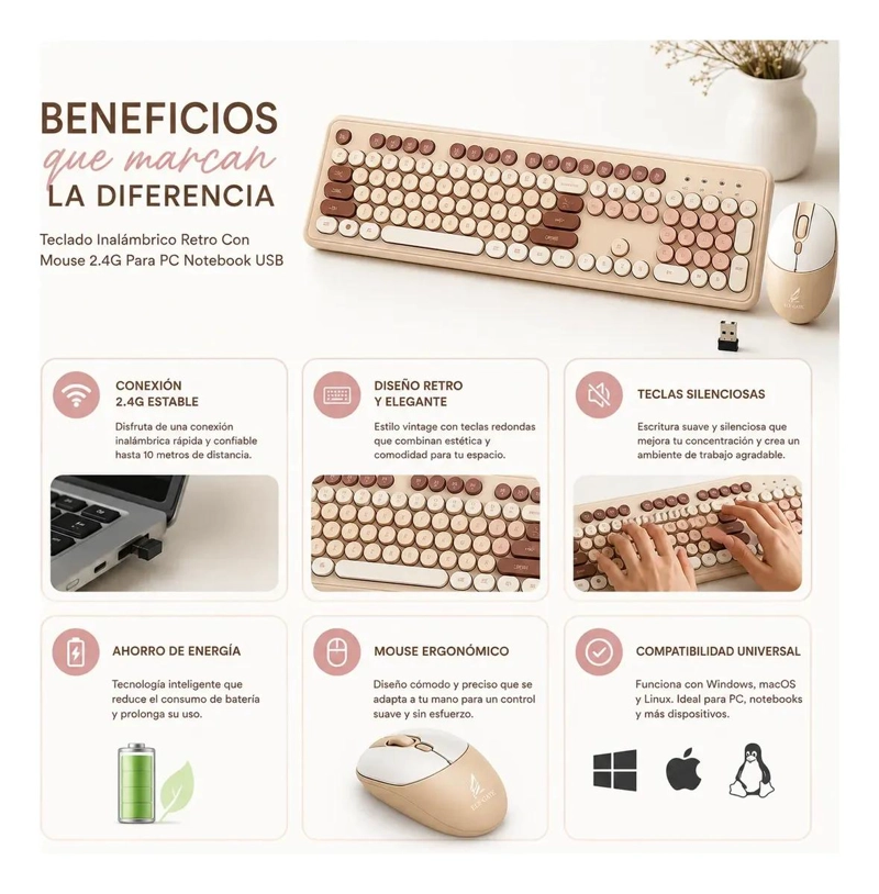 TECLADO INALAMBRICO RETRO CON MOUSE ESTILO VINTAGE COLOR MARRON - 4