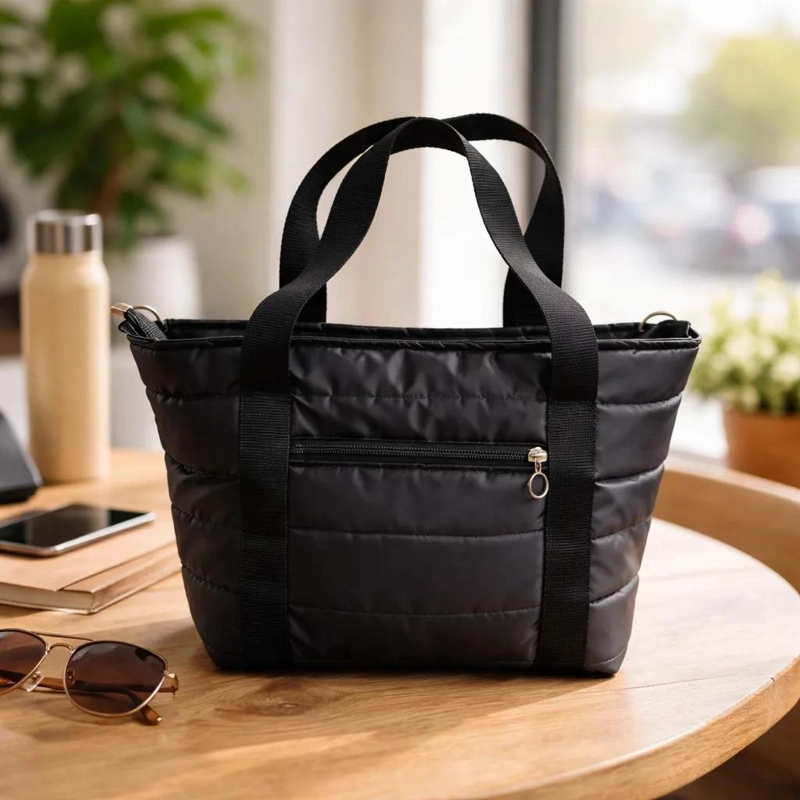 BOLSO ACOLCHADO NEGRO MULTI BOLSILLOS PARA MUJER - 9