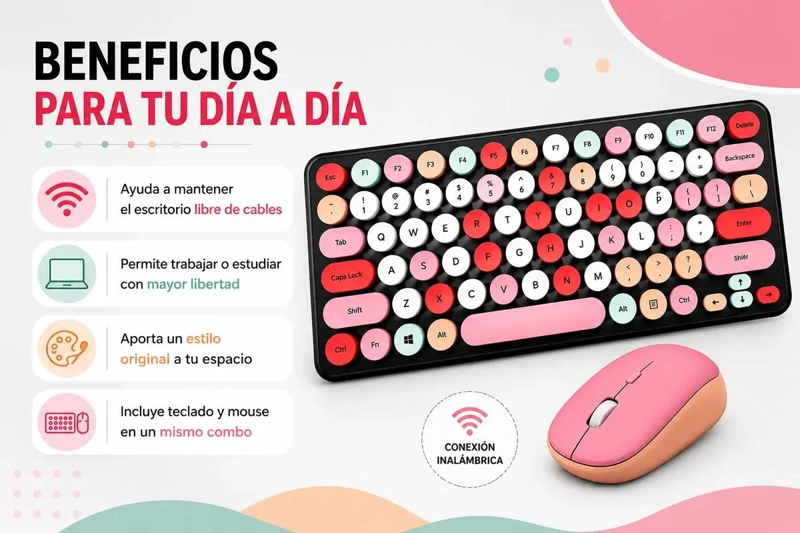 COMBO DE TECLADO Y MOUSE INALAMBRICOS COLORIDO PARA ESTUDIO - 3