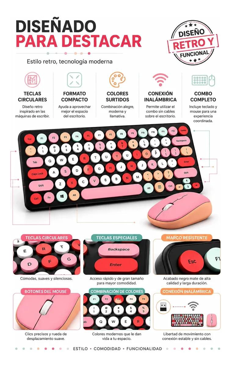 COMBO DE TECLADO Y MOUSE INALAMBRICOS COLORIDO PARA ESTUDIO - 4