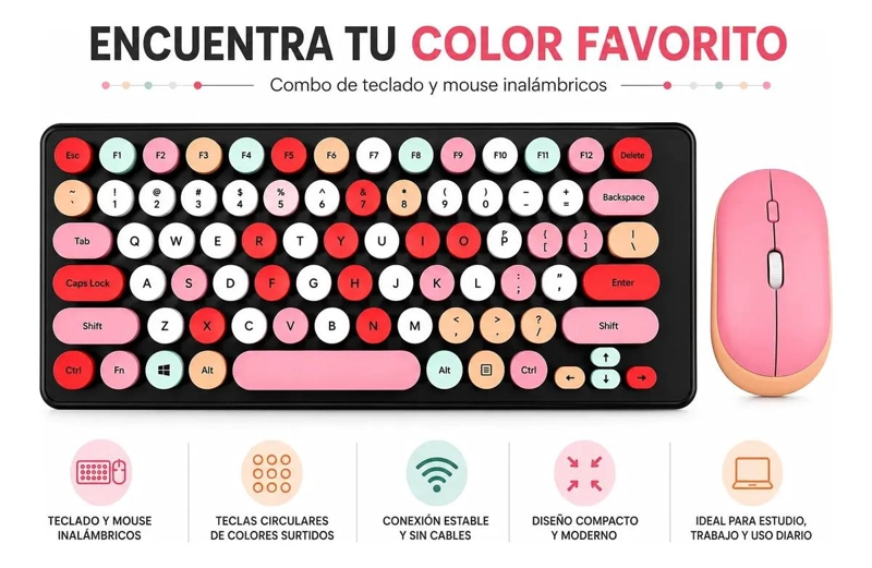COMBO DE TECLADO Y MOUSE INALAMBRICOS COLORIDO PARA ESTUDIO - 5