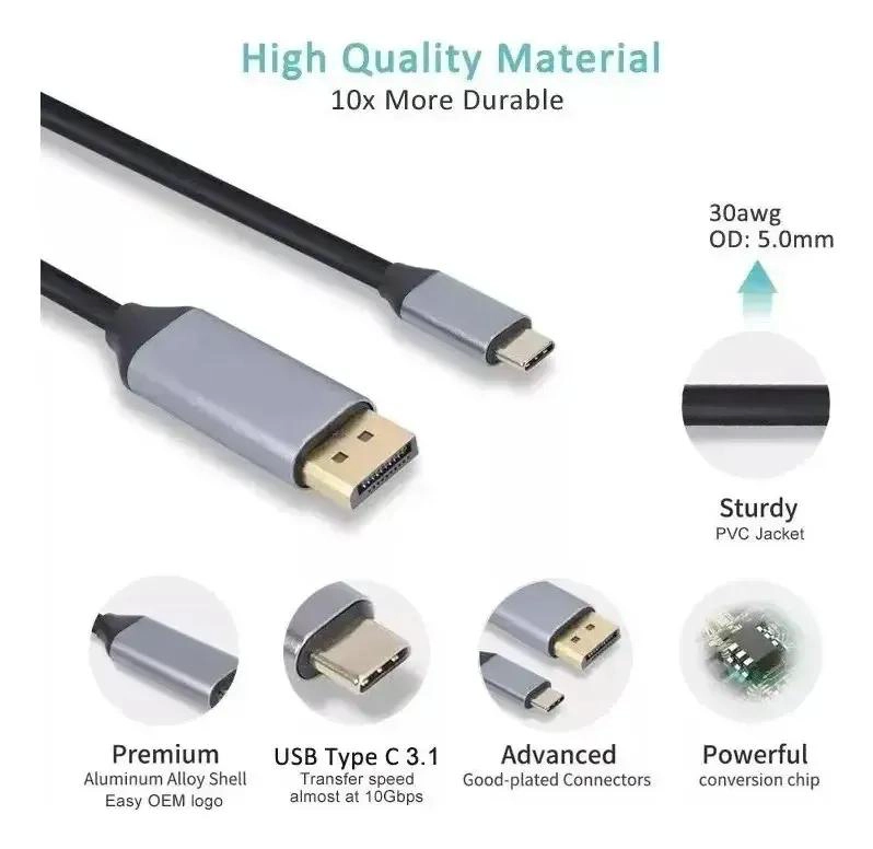 CABLE USB-C A DISPLAYPORT 8K DE 1.8 METROS ALTA CALIDAD - 5