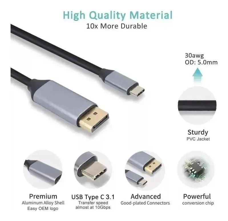 CABLE USB-C A DISPLAYPORT 8K 1.8M DE ALTA CALIDAD - 5