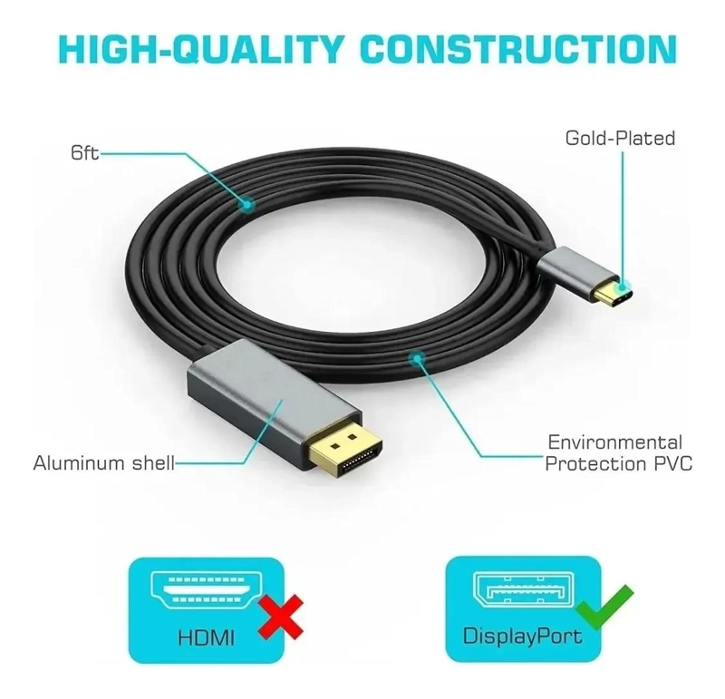 CABLE USB-C A DISPLAYPORT 8K 1.8M DE ALTA CALIDAD - 6