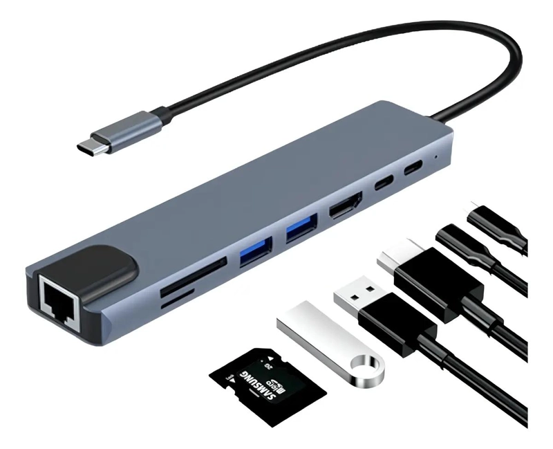 ADAPTADOR TIPO C CON 8 PUERTOS PARA CONEXIONES MULTIPLES - 1