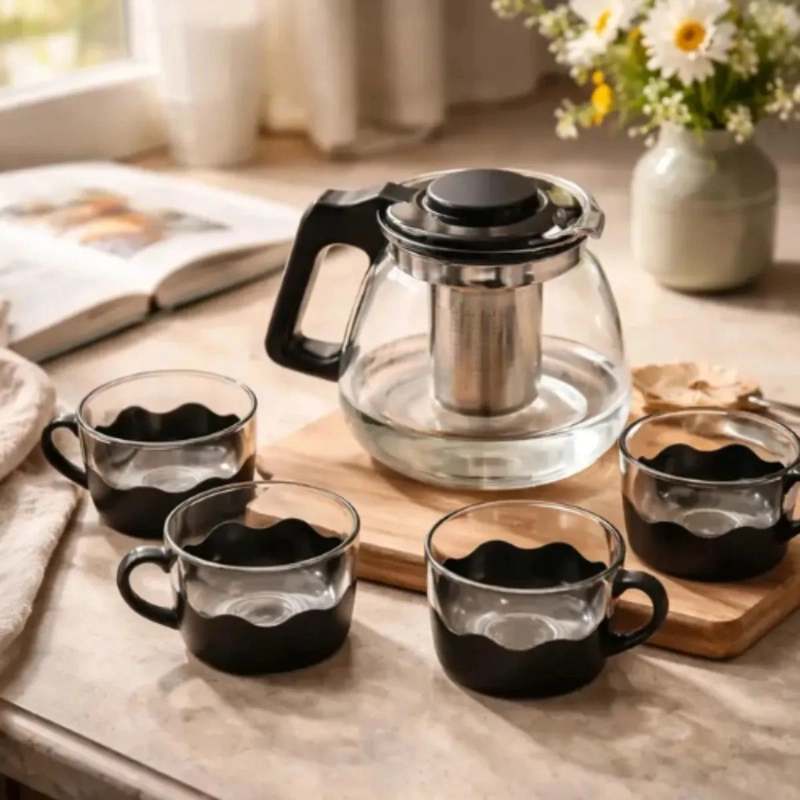 SET DE TETERA DE VIDRIO CON INFUSOR Y CUATRO TAZAS - 1